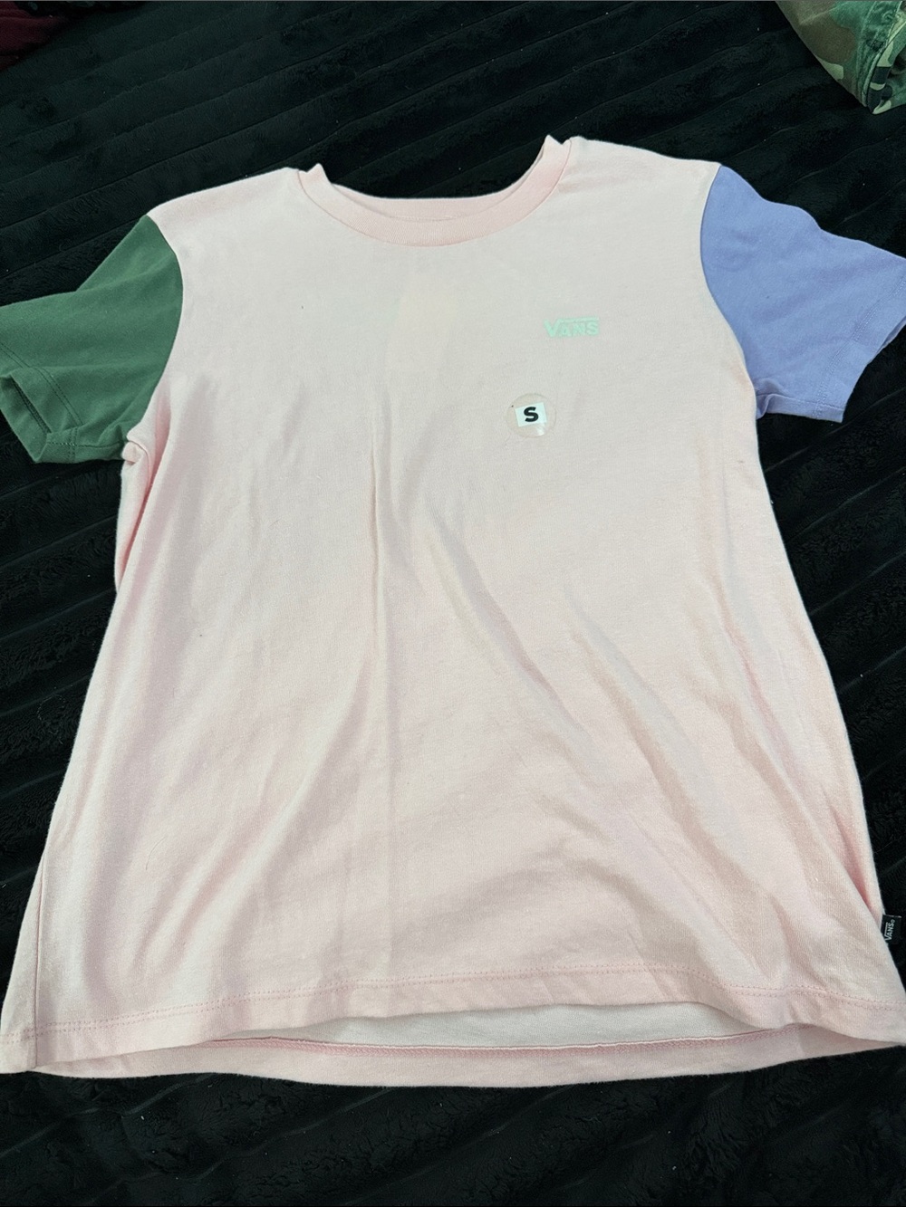 Vans Kids Pink Tee with Green and Lavender Sleeves